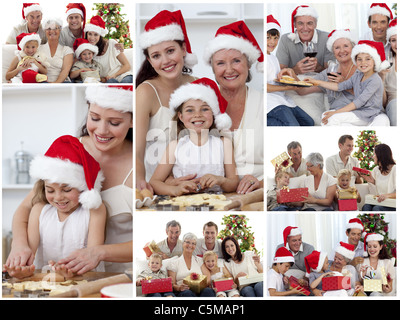 Collage di famiglie godendo momenti di celebrazione insieme a casa Foto Stock