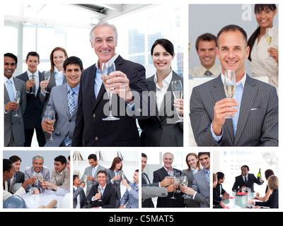 Collage di uomini di affari che per celebrare il successo Foto Stock