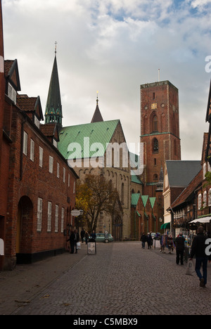 Centro storico con la Cattedrale di Ribe e la strada dello shopping, nello Jutland, Danimarca Foto Stock