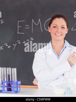 Scienziato Smilling stanting davanti a una lavagna Foto Stock