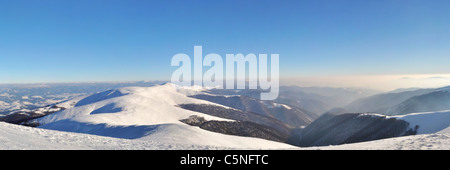 Montagna innevata di creste con la foresta di abeti panorama. Le montagne dei Carpazi. Polonyna Borzhava. Zakarpattya. L'Ucraina Foto Stock