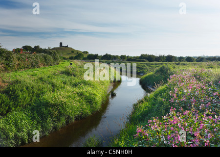 Tono di fiume che unisce il fiume Parrett nuovi membri con Burrow Mump in distanza. Somerset. In Inghilterra. Regno Unito. Foto Stock