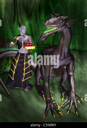 Immagine 3d di elfo scuro alimentazione drago di pet in grotta Foto Stock