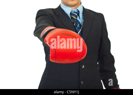 Close up di business man mano che mostra nel guanto di boxe,fuoco selettivo sul guanto Foto Stock