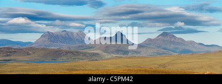 Inverpolly. (L a R) Cul Mor, Stac Pollaidh, Cul Beag. Visto da vicino Achnahaird, Ross and Cromarty, Highland, Scotland, Regno Unito. Foto Stock