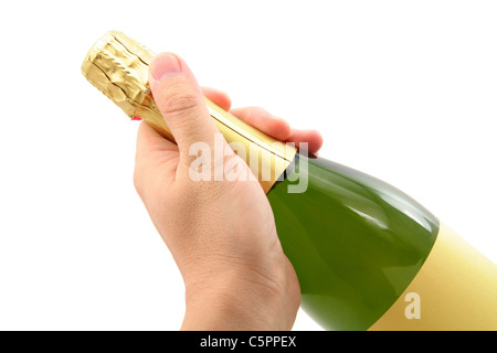 Bottiglia di champagne con sfondo bianco close up shot Foto Stock