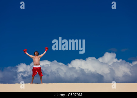 Un boxer celebra essendo in cima al mondo. Foto Stock