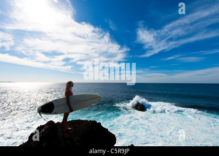 Un surfista si alza e si affaccia al mare a onde. Foto Stock