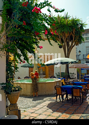 Una piazza con una fontana nel vecchio quartiere di Marbella Foto Stock