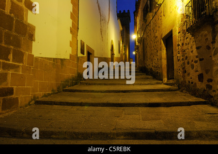 L'Europa, Spagna Estremadura, Caceres, Ciudad monumentale, vista di stretto vicolo della città vecchia di notte Foto Stock