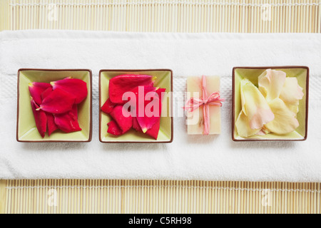 Close up di coppa con petali di rosa e rose sapone su asciugamano contro il tappetino di bambù Foto Stock