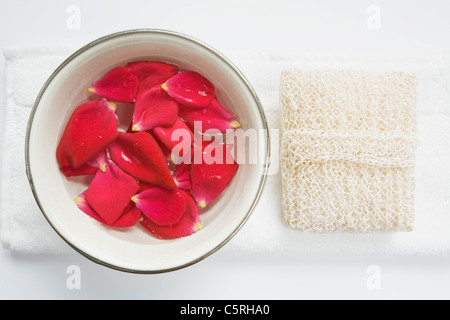 Chiusura del vaso in ceramica con petali di rosa in acqua e una spugna su asciugamano Foto Stock