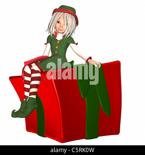 Femmina elf natale seduto su un avvolto presente Foto Stock