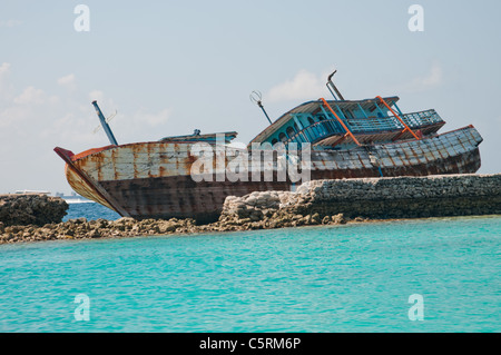 Barca abbandonata, Maldive Foto Stock