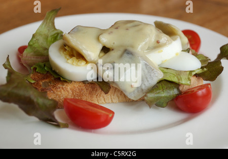 Aringhe in salamoia su pane tostato con insalata Foto Stock