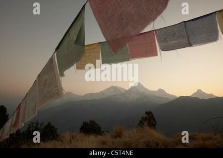 Sunrise e bandiere di preghiera su Poon Hill guardando verso sud di Annapurna e Machhapuchhare o coda di pesce mountain Foto Stock