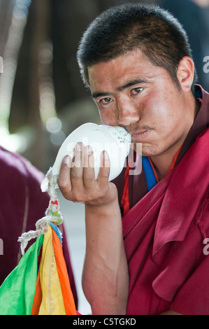 Il Tibetano monaco buddista gioca conchiglia corno, Arou Ba tempio, Qilian, Provincia di Qinghai, Cina Foto Stock