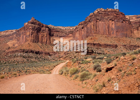 Stati Uniti d'America, Utah, il Parco Nazionale di Canyonlands, vuota pista di sabbia e formazione di roccia Foto Stock