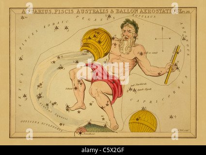 Aquarius, Piscis Australis & Ballon Aerostatique - 1825 Grafico astronomico Foto Stock