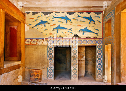 I Delfini affresco del Queen's Megaron presso il palazzo minoico di Cnosso, Heraklion, Creta, Grecia Foto Stock