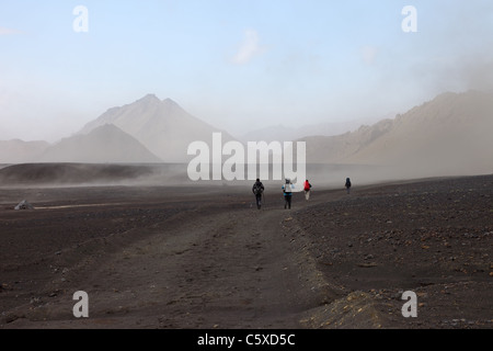 Gli escursionisti in Emstrur Area del Laugavegur (Laugavegurinn) Sentiero Escursionistico con ceneri vulcaniche tempesta di polvere davanti, Islanda Foto Stock