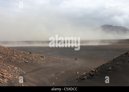 Gli escursionisti in Emstrur Area del Laugavegur (Laugavegurinn) Sentiero Escursionistico con polvere vulcanica Storm dietro, Islanda Foto Stock