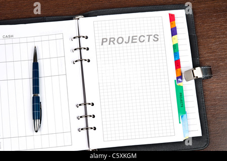 Primo piano di agenda sulla pagina di progetti Foto Stock