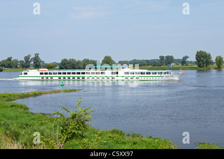 Escursione in barca sul fiume Elba vicino Wussegel vicino a Hitzacker, Riserva Naturale Elbufer-Drawehn, Bassa Sassonia, Germania Foto Stock