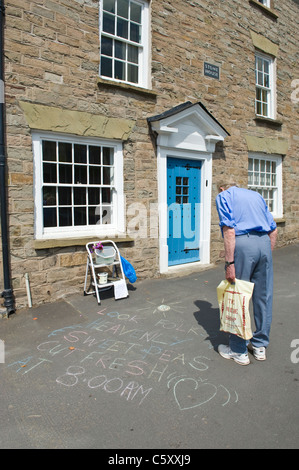 Fresh cut pisello dolce fiori per la vendita al pubblico di passaggio sul marciapiede fuori casa d'epoca in Hay on Wye Powys South Wales UK Foto Stock