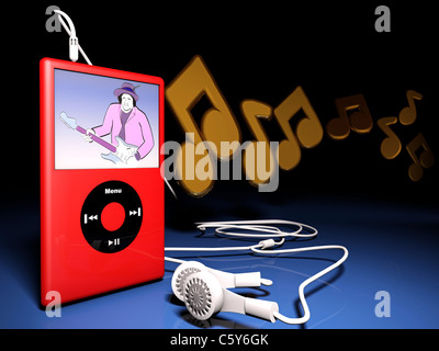 Illustrazione di un stile IPOD MP3 player con auricolari e note musicali. Foto Stock