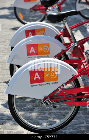 Parcheggio biciclette rosso in una delle stazioni di velo a città di Anversa, Belgio Foto Stock