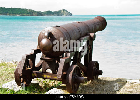 Il cannone si affaccia su St John's Harbour da Fort James, Antigua Foto Stock