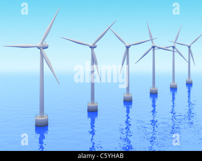 Molti mulini a vento sul mare. Industria dell'energia rinnovabile 3d concept Foto Stock