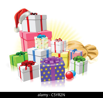 Regali di natale con Santa hat, sacco e baubles Foto Stock