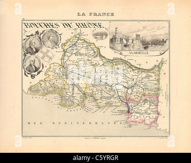 Bouches du Rhone - Dipartimento di antiquario mappa da un Francese 1858 Atlas " la Francia e le sue colonie' (La France et ses colonie ) da Alexandre Vuillemin Foto Stock