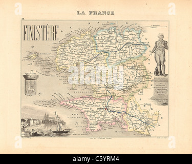 Finistere Department - antiquario mappa da un Francese 1858 Atlas " la Francia e le sue colonie' (La France et ses colonie ) da Alexandre Vuillemin Foto Stock