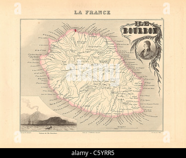 Ile Bourbon La Reunion - antiquario mappa da un Francese 1858 Atlas " la Francia e le sue colonie' (La France et ses colonie ) da Alexandre Vuillemin Foto Stock