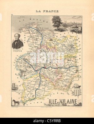 Ille et Vilaine Dipartimento Antiquario - Mappa da un Francese 1858 Atlas " la Francia e le sue colonie' (La France et ses colonie ) da Alexandre Vuillemin Foto Stock