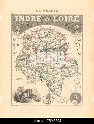 Indre et Loire Department - antiquario mappa da un Francese 1858 Atlas " la Francia e le sue colonie' (La France et ses colonie ) da Alexandre Vuillemin Foto Stock