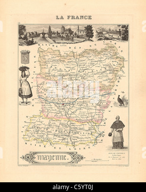 Dipartimento Mayenne Antiquario - Mappa da un Francese 1858 Atlas " la Francia e le sue colonie' (La France et ses colonie ) da Alexandre Vuillemin Foto Stock