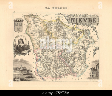 Dipartimento Nievre Antiquario - Mappa da un Francese 1858 Atlas " la Francia e le sue colonie' (La France et ses colonie ) da Alexandre Vuillemin Foto Stock