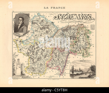 Saône et Loire Department - antiquario mappa da un Francese 1858 Atlas " la Francia e le sue colonie' (La France et ses colonie ) da Alexandre Vuillemin Foto Stock