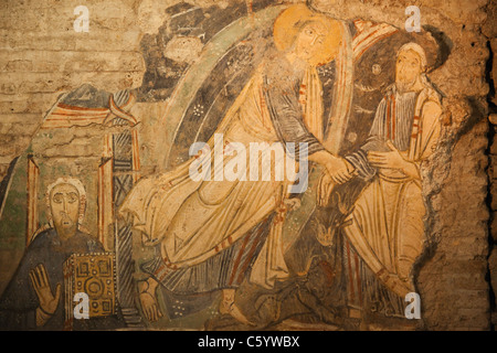 Italia, Roma, Basilica di San Clemente IX secolo affresco raffigurante la vita di Cristo Foto Stock