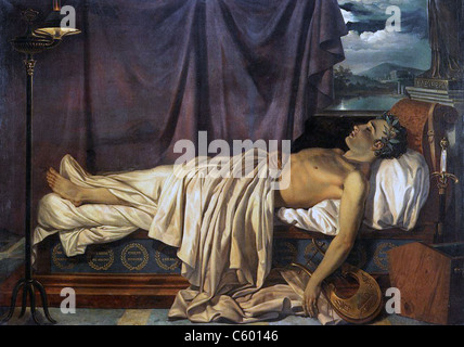 GEORGE GORDON LORD BYRON (1788-1824) sul letto di morte, dipinta da Giuseppe--Denis Odevaere nel 1826 Foto Stock