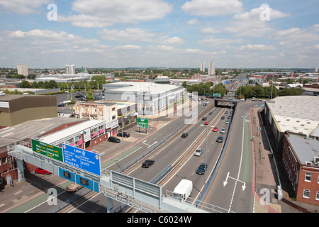 A38M e dello skyline di Birmingham Foto Stock