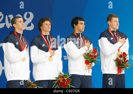 MICHAEL PHELPS RYAN LOCHTE R MENS 4 X 200m Freestyle Relè dello stadio olimpico di Pechino CINA 13 Agosto 2008 Foto Stock