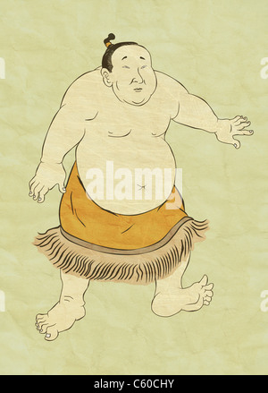 Illustrazione di un giapponese lottatore di sumo in atteggiamento di combattimento fatto in stile cartoon Foto Stock