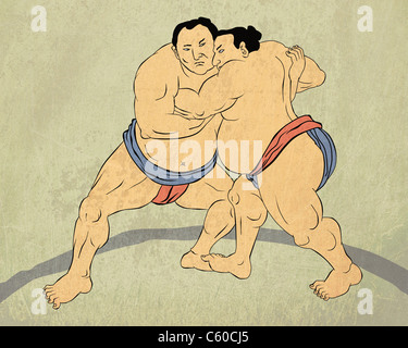 Illustrazione di un due giapponesi lottatore di sumo wrestling fatto isolato in giapponese il blocchetto in legno stile di stampa Foto Stock
