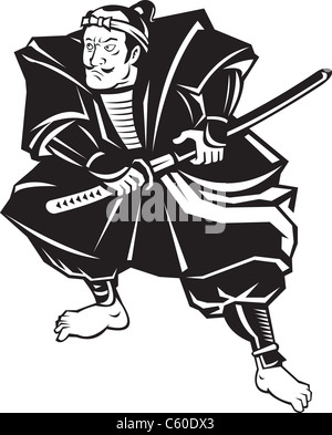 Illustrazione di un Samurai Warrior circa per disegnare il katana spada nella lotta contro la posizione isolata su sfondo bianco fatto in stile retrò Foto Stock