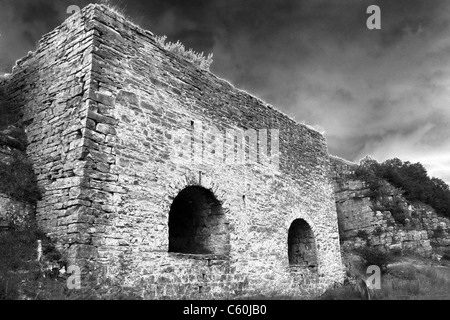 Vecchie fornaci da calce a Smardale NNR, Cumbria, Regno Unito con una b/w Solarised effetto fotografia Foto Stock